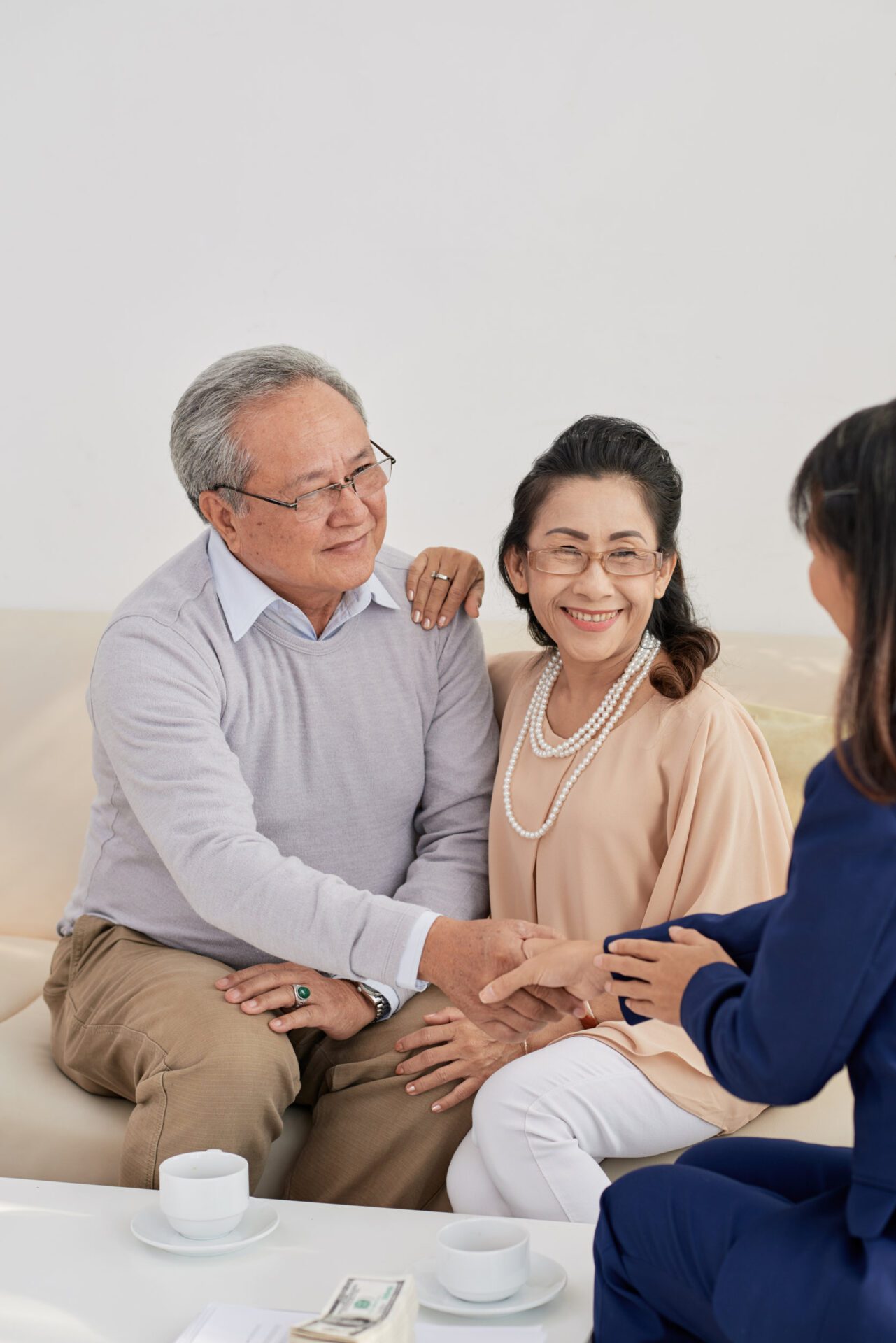 Cheerful senior couple shaking hand of lawyer after consulting session